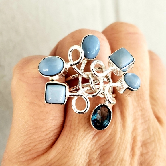 New Twisted Owyhee Opal & Blue Topaz Silver Ring. - Picture 6 of 8